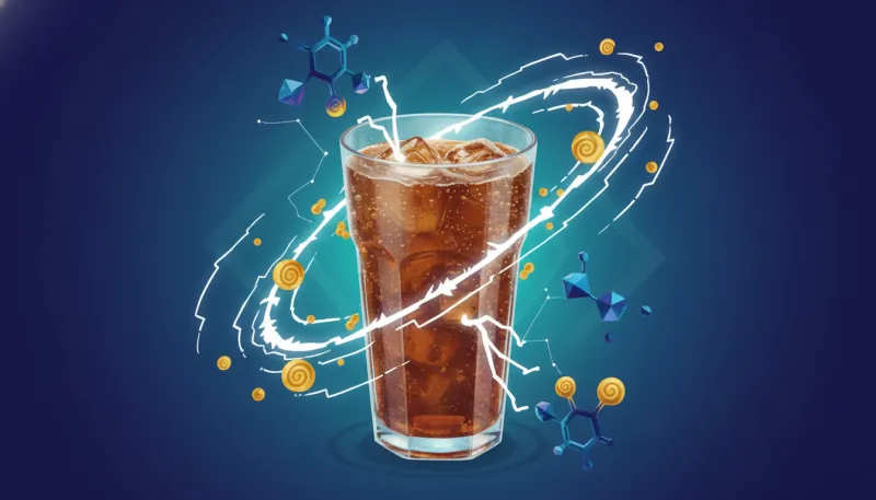 Représentation stylisée de molécules de caféine et de sucre flottant autour d'un verre de boisson ga