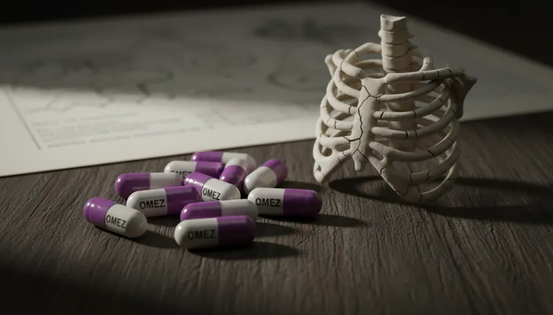 Une photo de gélules d'IPP (Inhibiteurs de la pompe à protons) à côté d'une structure osseuse symbol