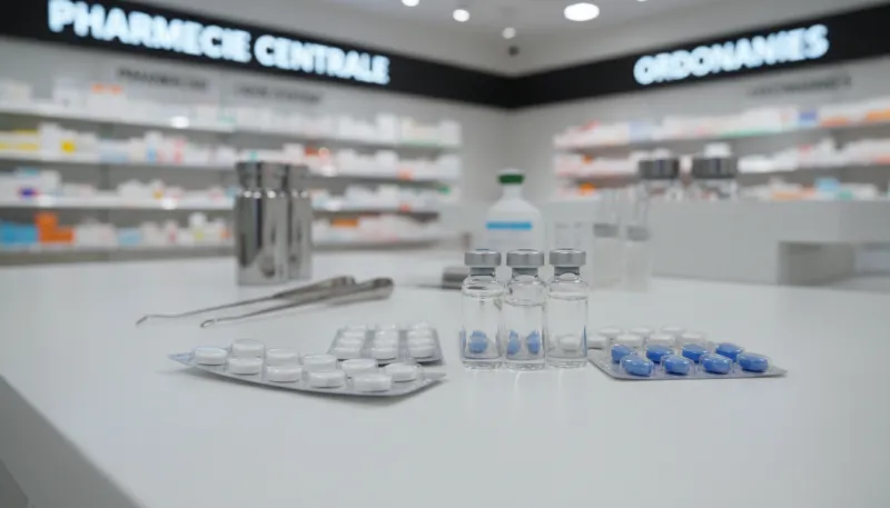 Une photo de pilules ou de flacons de corticostéroïdes posés sur une surface stérile ou dans une pha