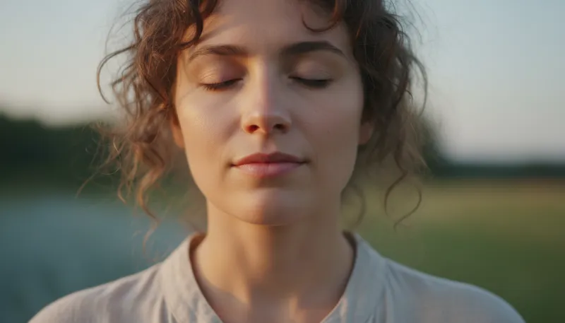Un gros plan sur un visage serein et en pleine réflexion, baigné d'une lumière douce.