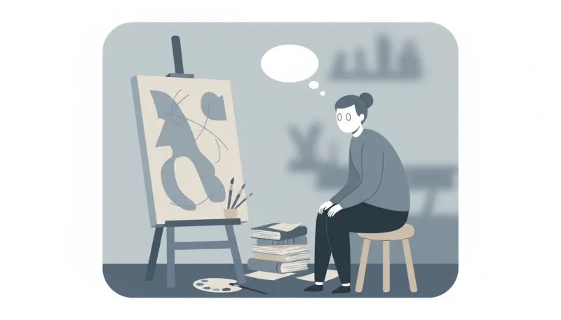 Une illustration simple d'une personne assise devant une tâche inachevée, le regard vide, symbolisan