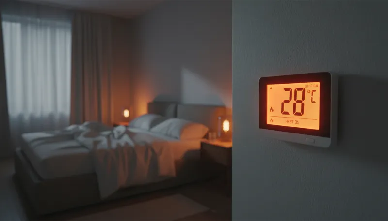 Une photo d'un thermostat affichant une température élevée dans une chambre la nuit.