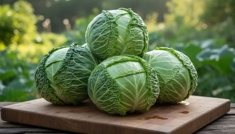 Une photo de choux verts frais et entiers sur une planche en bois