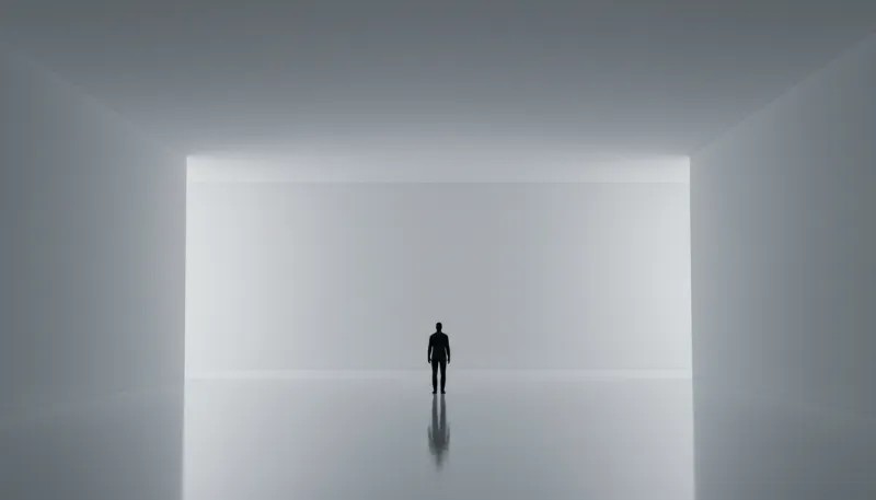 Une silhouette seule dans un grand espace vide et calme.