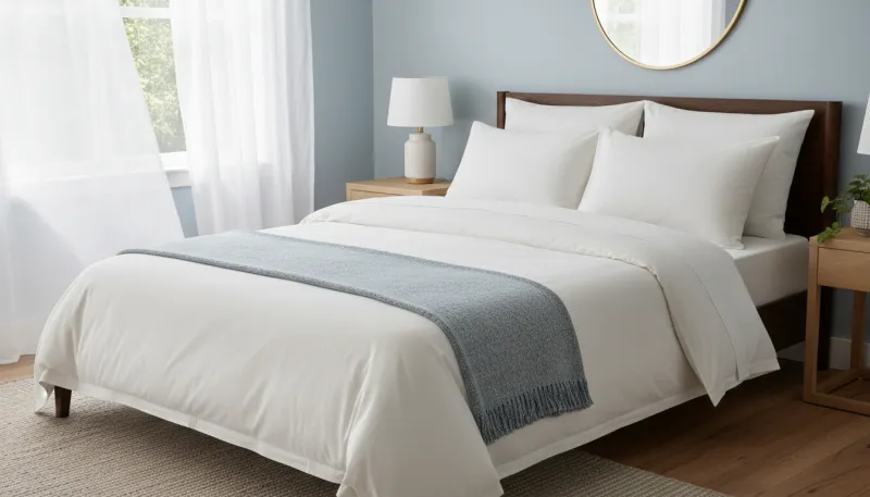 Une photo d'un lit parfaitement fait dans une chambre lumineuse, avec des draps bien tirés