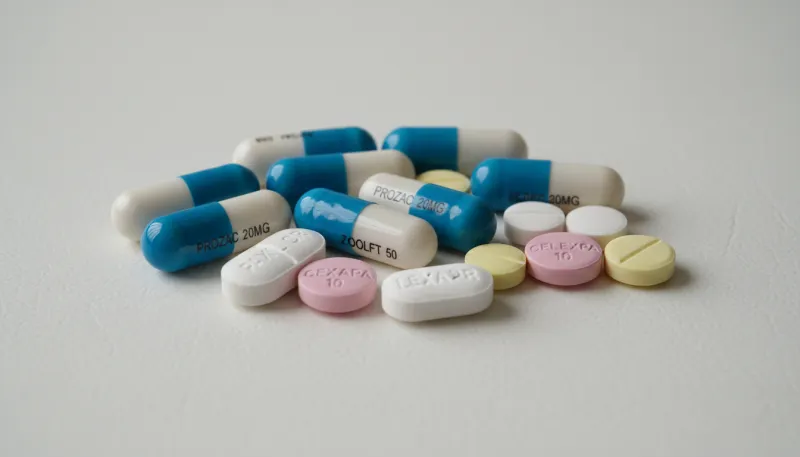 Photo de quelques gélules ou comprimés d'antidépresseurs (ISRS) sur une surface neutre