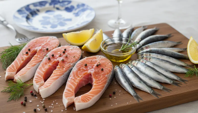 Une photo de filets de saumon et de sardines frais, présentés de manière appétissante
