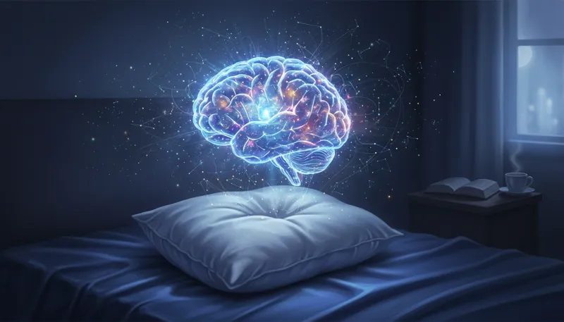 Une illustration d'un cerveau actif et éveillé pendant la nuit, flottant au-dessus d'un oreiller