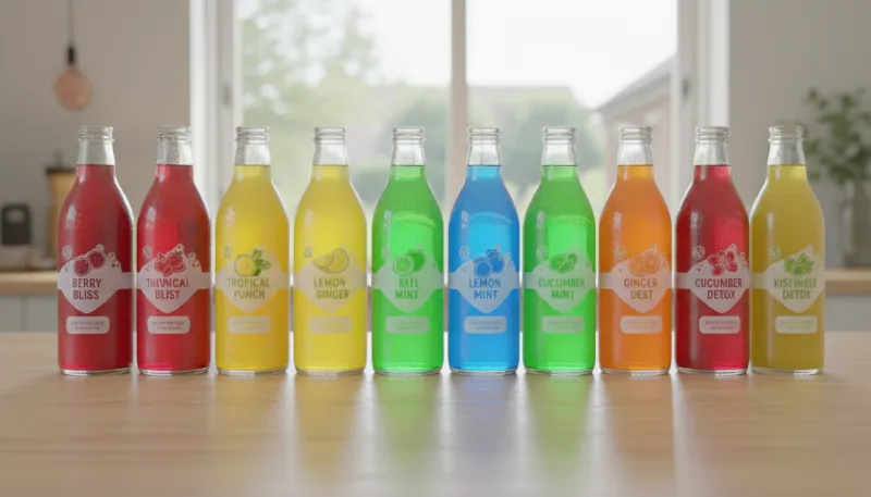 Une photo de plusieurs bouteilles colorées d'eaux aromatisées et vitaminées alignées.