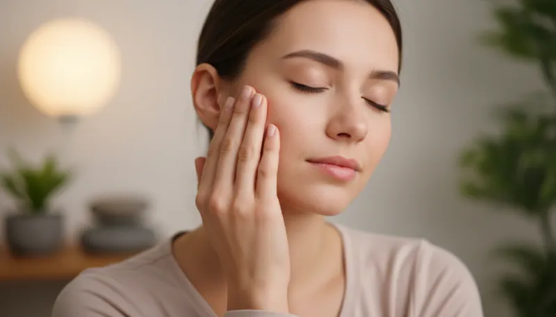 Une photo d'une personne se massant doucement la mâchoire et la tempe.