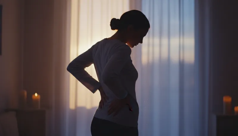 Une photo d'une silhouette de personne debout, touchant légèrement sa région lombaire, baignée d'une
