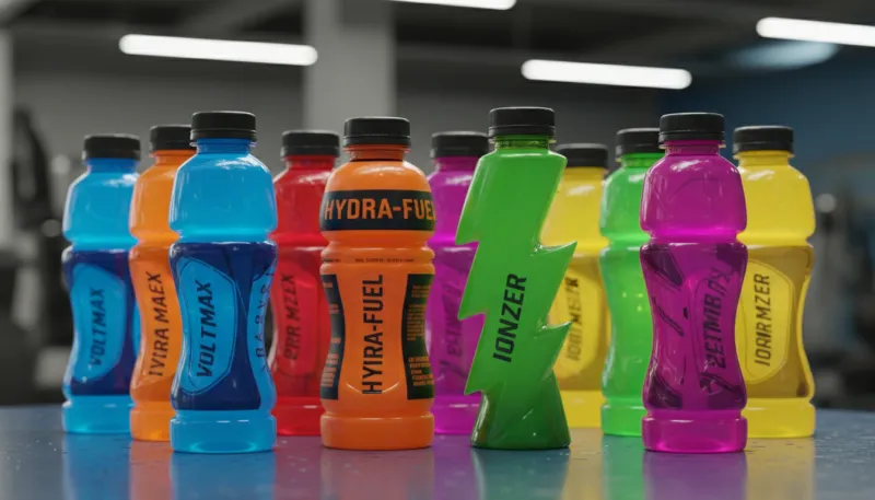 Une photo de plusieurs bouteilles de boissons énergisantes et sportives de couleurs vives