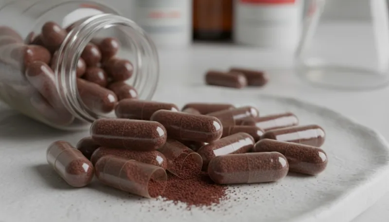 Une photo macro de gélules de suppléments de fer