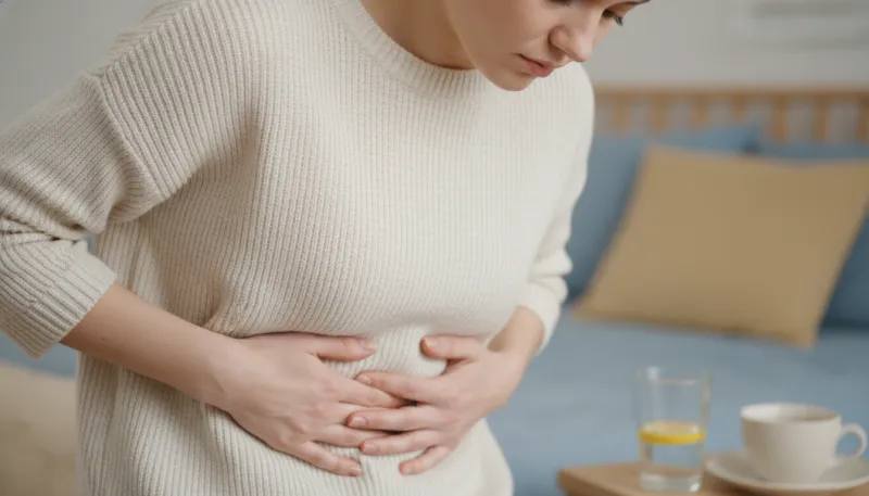 Une photo d'une personne avec une expression d'inconfort léger, tenant doucement son ventre au nivea