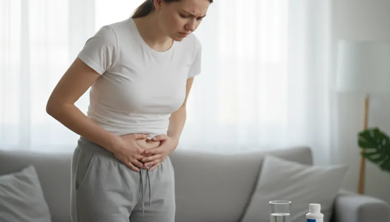 Photo d'une personne se tenant le ventre, suggérant des douleurs abdominales ou des ballonnements.