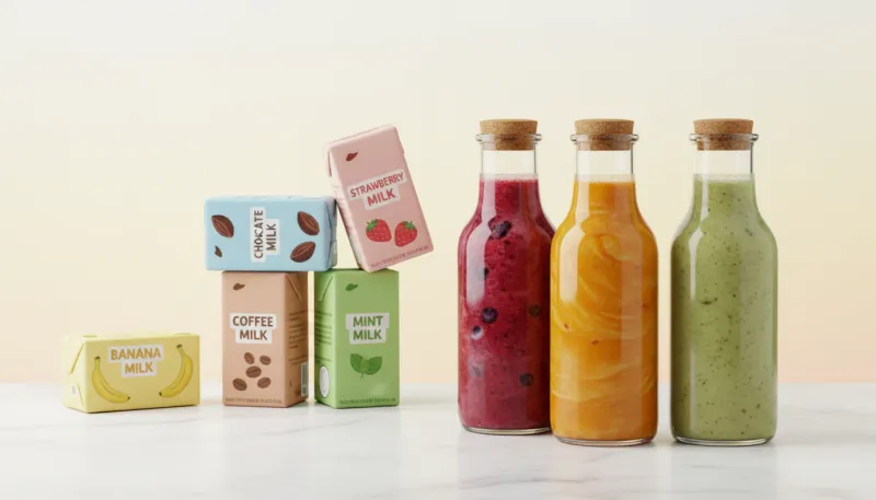 Un arrangement de bouteilles de smoothies aux fruits et de petits cartons de lait aromatisé, sur un 