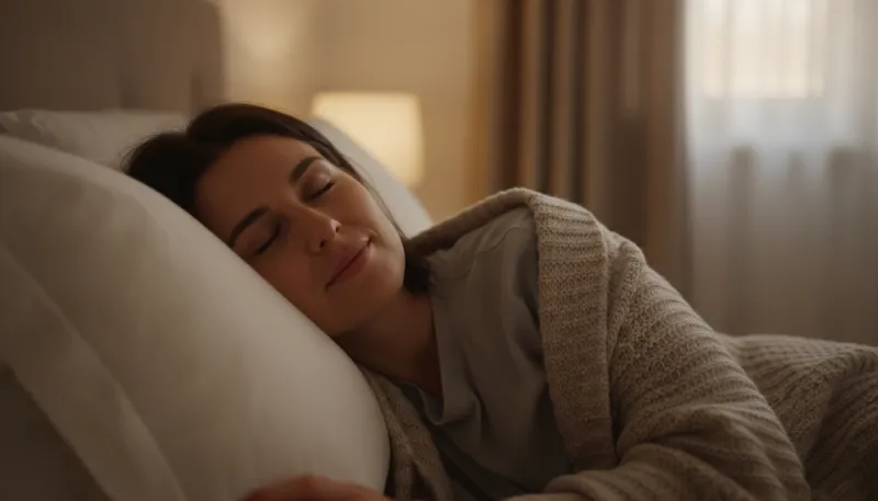 Une personne s'appuyant calmement sur un oreiller, les yeux fermés, dans une ambiance douce et tamis