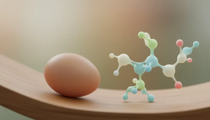 Une illustration d'un œuf posé à côté d'une représentation stylisée de la molécule de glutamine.