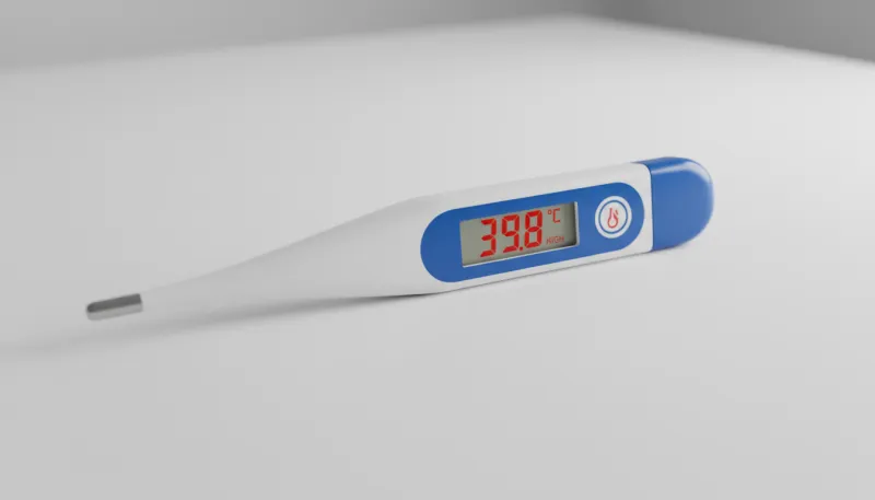 Une photo d'un thermomètre médical posé sur une surface blanche, indiquant une température élevée