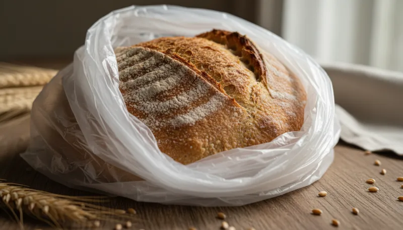 Une photo d'un pain artisanal partiellement inséré dans un sac en plastique transparent.