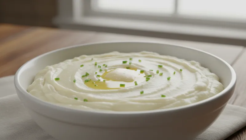 Gros plan sur un bol de purée de pommes de terre parfaitement lisse