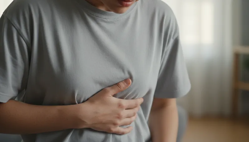 Une personne tenant doucement sa main sous ses côtes pour indiquer une gêne