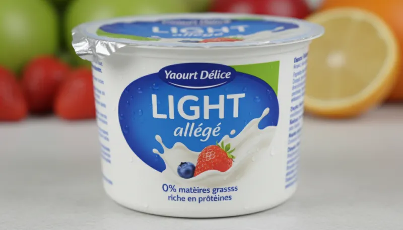 Un gros plan d'un pot de yaourt aromatisé portant clairement l'étiquette "allégé" ou "light".