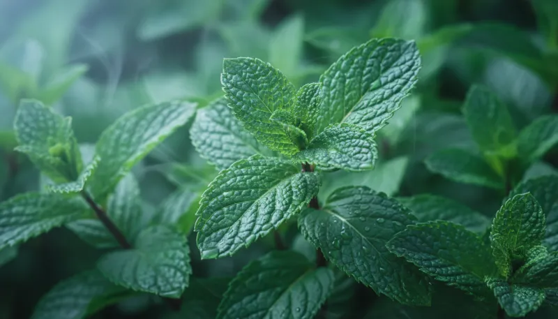 Un gros plan sur des feuilles de menthe poivrée fraîches, illustrant la fraîcheur et les propriétés 