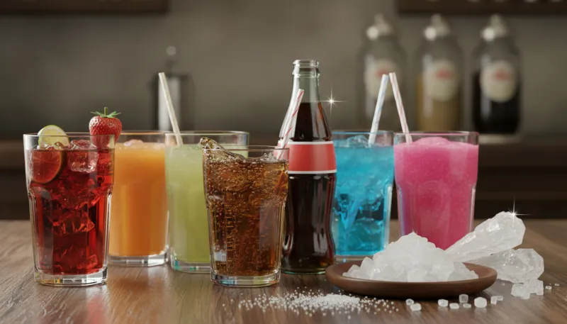 Une photo de verres remplis de différents jus de fruits et de boissons gazeuses sucrées, avec des cr