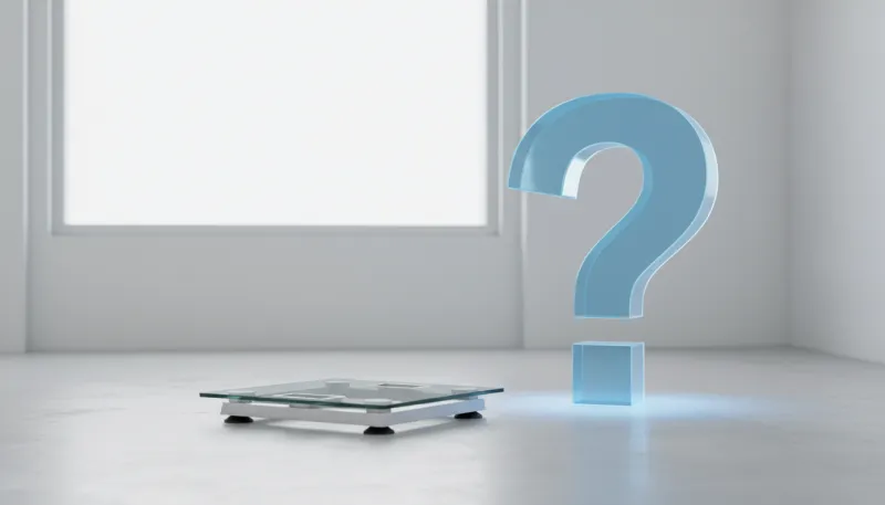 Une photo d'un pèse-personne avec un grand point d'interrogation à côté, sur fond clair, symbolisant