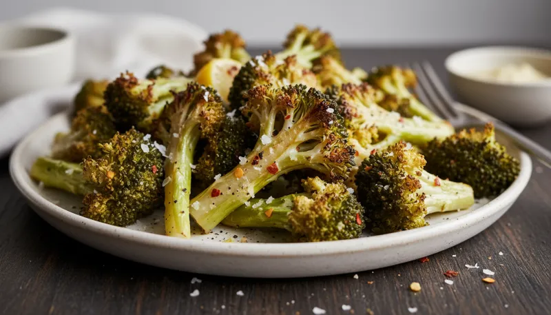 Photo en gros plan de fleurets de brocoli rôtis, croustillants et légèrement grillés sur une assiett