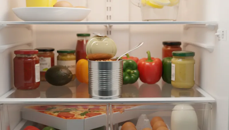 Une photo d'une boîte de conserve ouverte dans un réfrigérateur