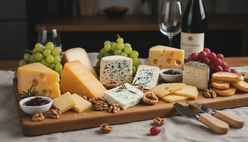 Une photo d'un assortiment de fromages coupés sur une planche de bois.