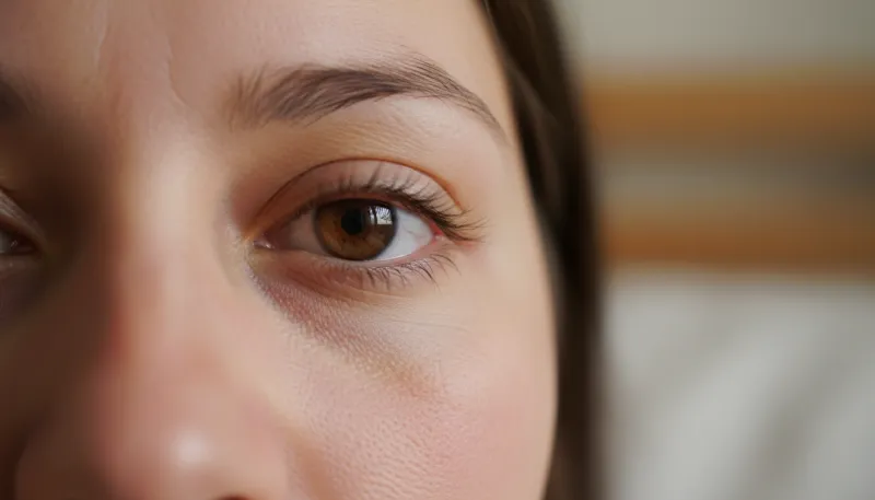 Un gros plan sur la zone des yeux, montrant de légers gonflements ou un aspect 'gonflé'.