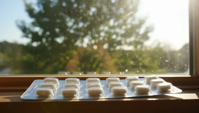 Un blister de comprimés antibiotiques près d'une fenêtre avec un rayon de soleil intense