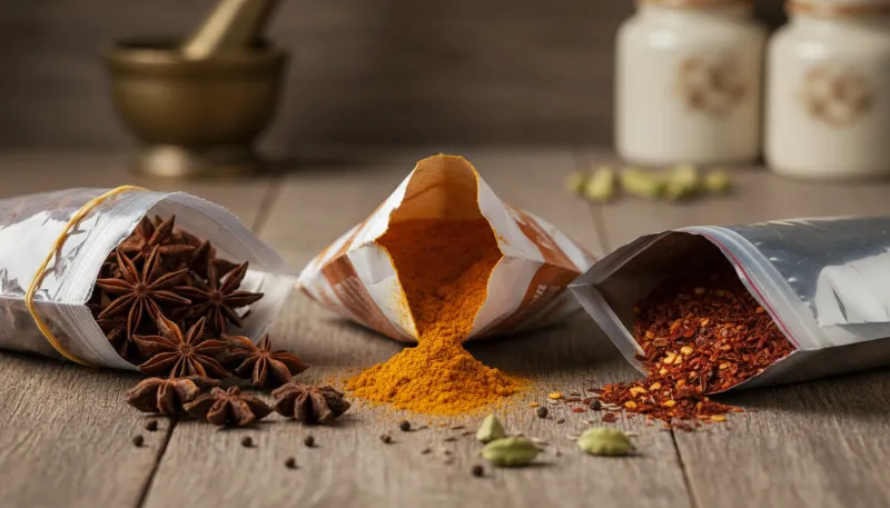 Une photo de sachets d'épices ouverts et mal refermés