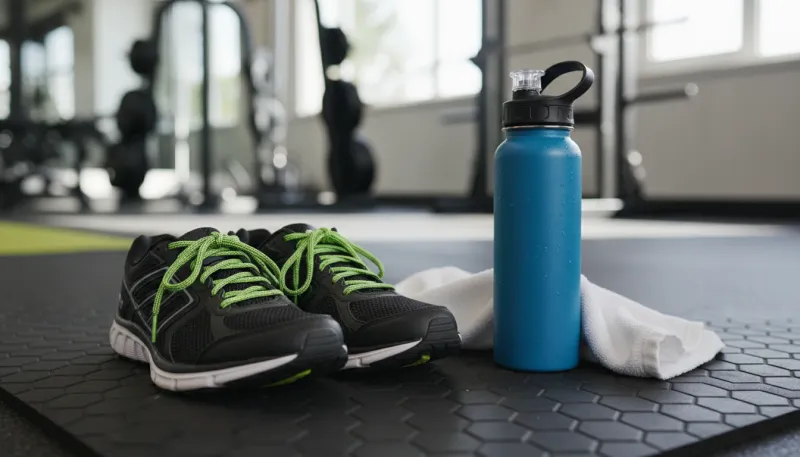 Une photo d'une paire de chaussures de sport et d'une gourde sur un tapis de fitness