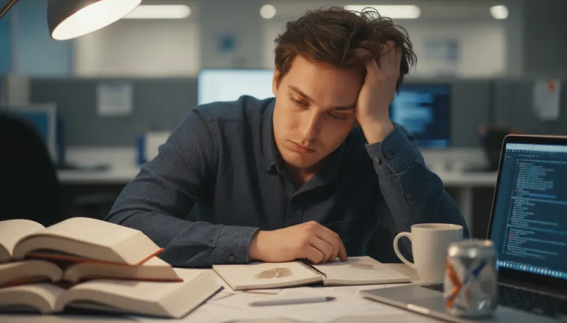 Un gros plan sur une personne au travail montrant des signes de grande fatigue ou de manque de conce