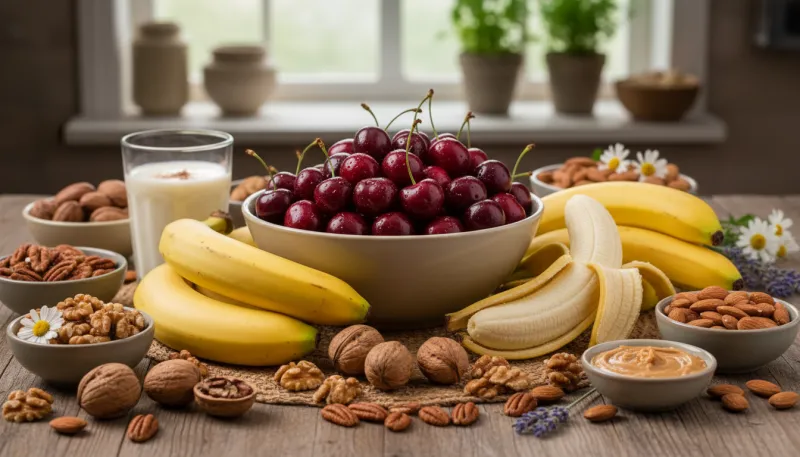 Une photo d'une variété d'aliments riches en mélatonine, comme des cerises, des noix et des bananes,