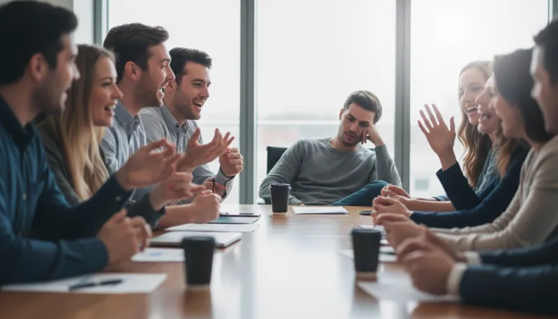 Une personne assise dans un groupe de discussion très animé, mais qui est visuellement légèrement fl