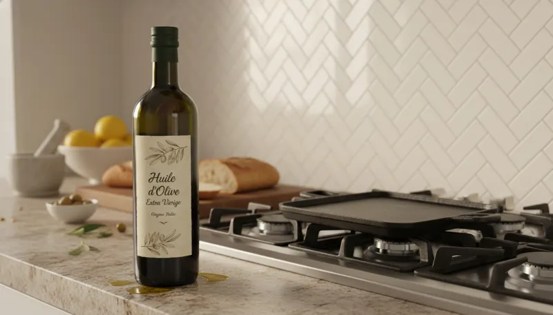 Une photo d'une bouteille d'huile d'olive posée sur un comptoir de cuisine, juste à côté d'une gazin