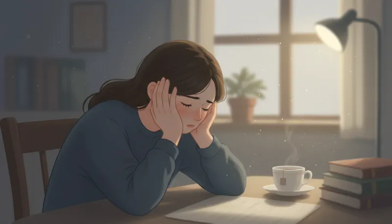 Une illustration simple d'une personne très fatiguée posant sa tête sur ses mains, dans une ambiance