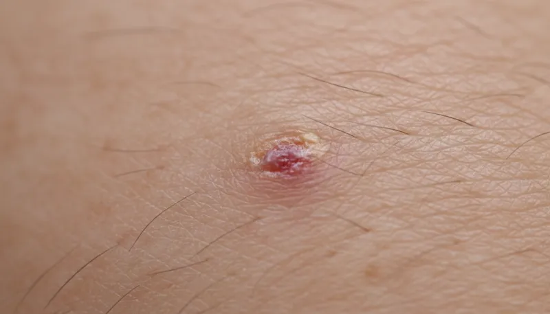 Un gros plan neutre sur la peau, illustrant la texture et une petite imperfection ou cicatrice en co