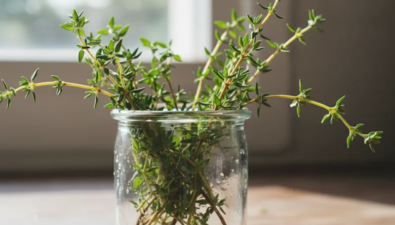 Gros plan de branches de thym frais dans un récipient en verre.