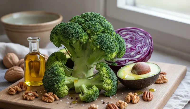 Une photo en plan rapproché d'une composition de légumes crucifères (brocolis, chou) et de sources d