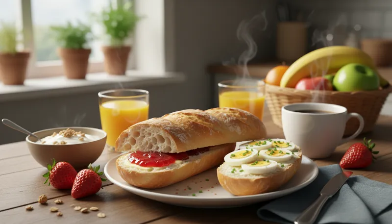 photo d'une baguette au petit déjeuner
