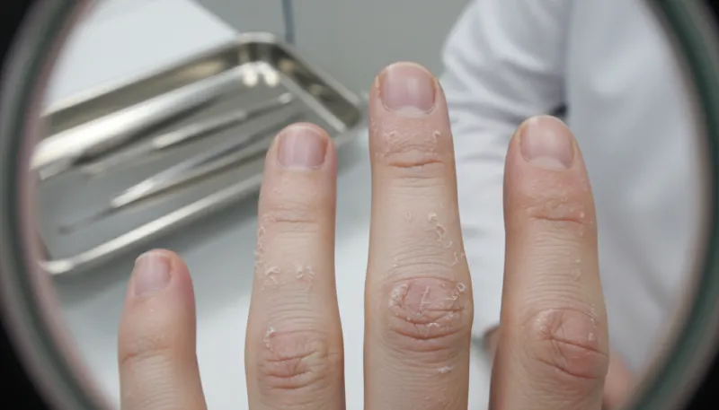 Une photo en gros plan de la peau montrant une sécheresse cutanée et une légère desquamation dans un