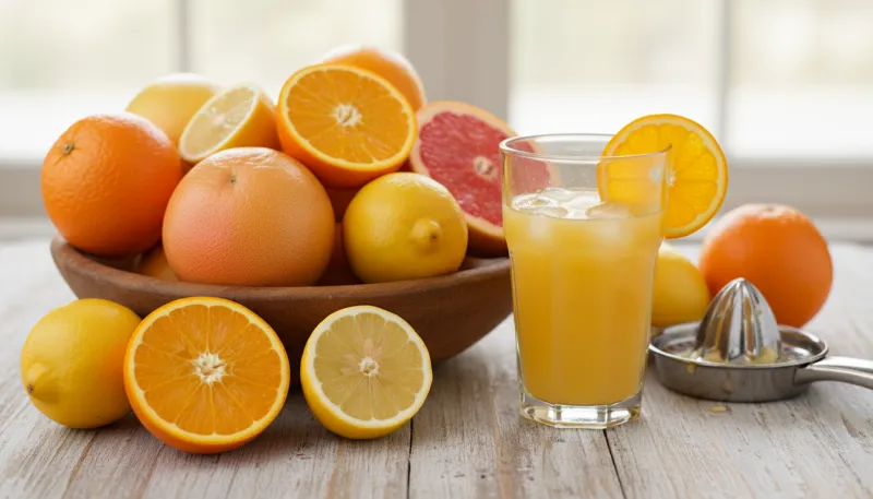 Une photo d'un assortiment d'agrumes (oranges, citrons, pamplemousses) et d'un verre de jus fraîchem