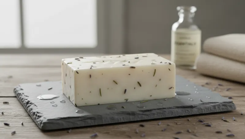 Une photo d'un savon hydratant ou parfumé, posé sur un porte-savon