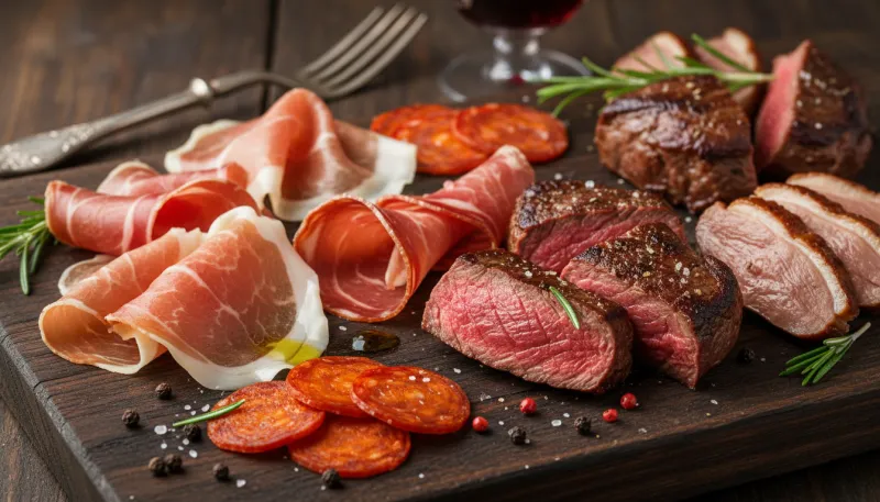 Une photo en gros plan de tranches de charcuterie et de morceaux de viande rouge.